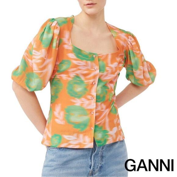 GANNI **NWT** Button-Up Puff Sleeve Crepe Blouse Vibrant Orange / Green Floral - Picture 9 of 16